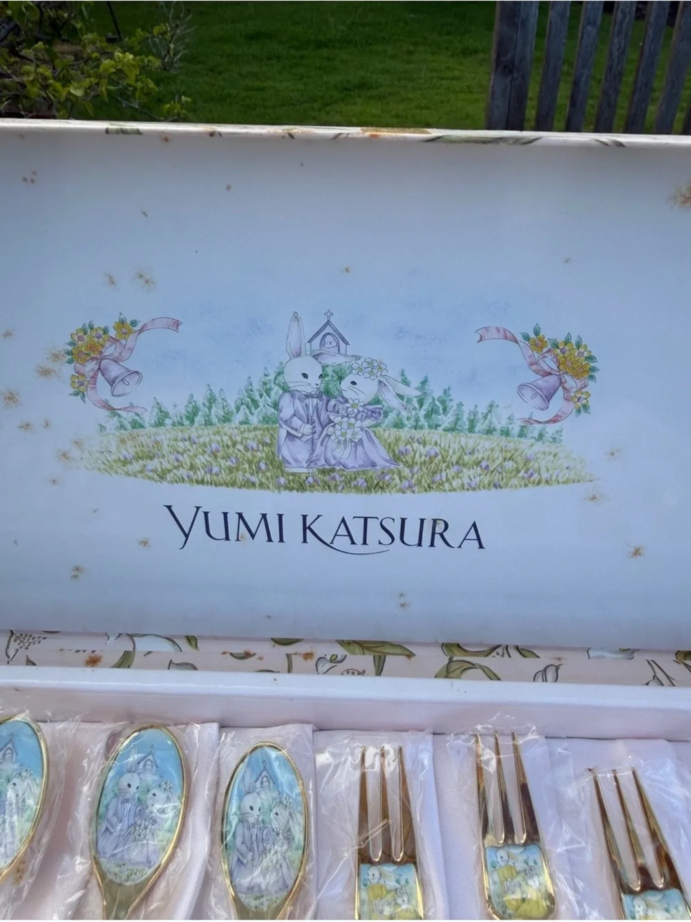 VIntage YUMI KATSURA Honeymoon Bunnies wedding/Anniversary Dessert flatware set